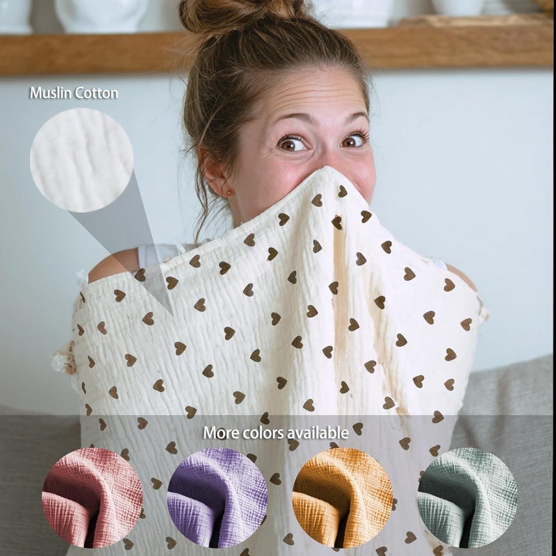 MUGVELL Muslin Nursing Covers for Breastfeeding, Arch Neckline Breast Feeding Covers for Women, Moms Privacy Breathable Summer Nursing Apron, 43.3" x 25.6" Soft Feeding Cover (Beige Sweet Khaki Heart) - Image 5